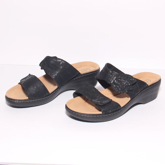 Clarks Merliah Charm Adjustable Fabric Strap Slide Wedge Size 9.5M Black - Picture 2 of 8